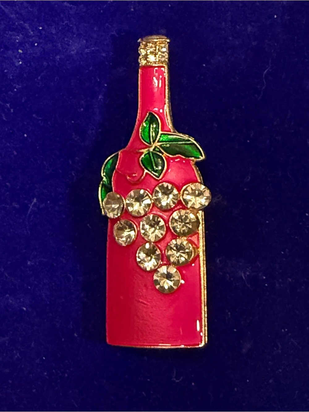 Pink Wine Bottle Grapes Brooch Pin with Crystal Accents